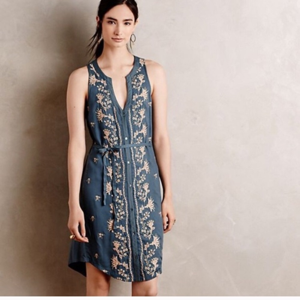 Anthro Tiny Embroidered Shirt Dress Sleeve…